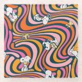 Snoopy & Woodstock Groovy Vibes Paarse Patroon Glazen Onderzetter (Voorkant)