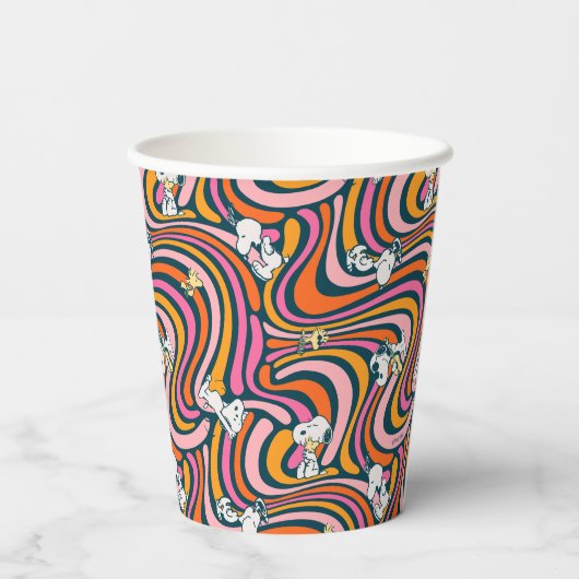 Snoopy & Woodstock Groovy Vibes Paarse Patroon Papieren Bekers (Achterkant)