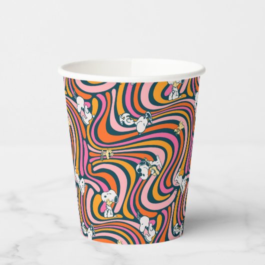 Snoopy & Woodstock Groovy Vibes Paarse Patroon Papieren Bekers (Links)