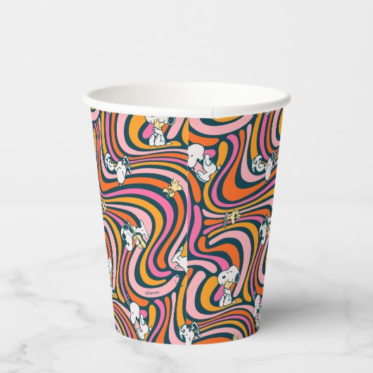 Snoopy & Woodstock Groovy Vibes Paarse Patroon Papieren Bekers (Rechts)