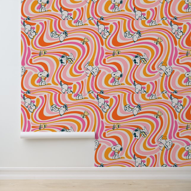 Snoopy & Woodstock Groovy Vibes Sinaasappel Patter Behang (Applicatie)