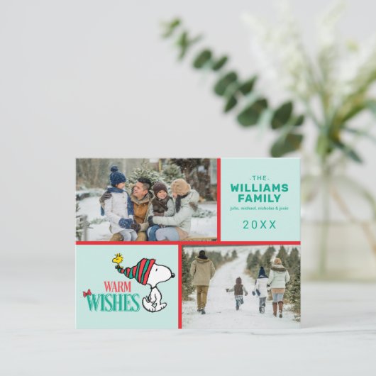 Snoopy & Woodstock Kerstmis Familie Fotocollage Feestdagenkaart (Staand voorkant)