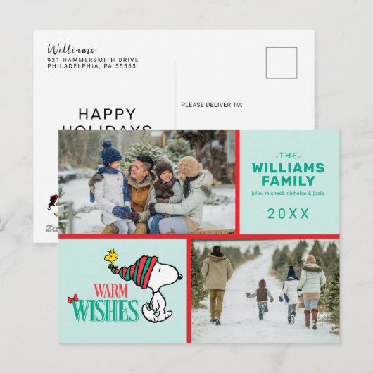 Snoopy & Woodstock Kerstmis Familie Fotocollage Feestdagenkaart (Voorkant / Achterkant)