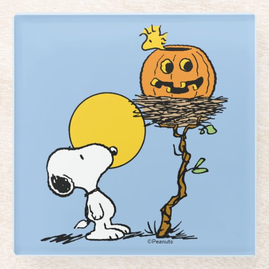 Snoopy & Woodstock Nest met Jack O' Lantern Glazen Onderzetter (Voorkant)