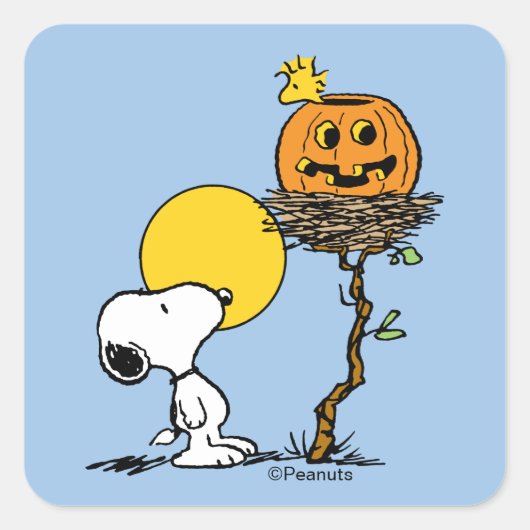 Snoopy & Woodstock Nest met Jack O' Lantern Vierkante Sticker (Voorkant)