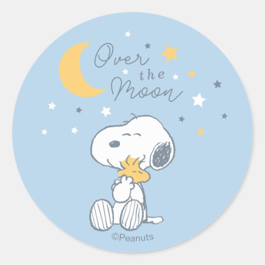 Snoopy & Woodstock | Over the Moon Baby Shower Cla Ronde Sticker (Voorkant)