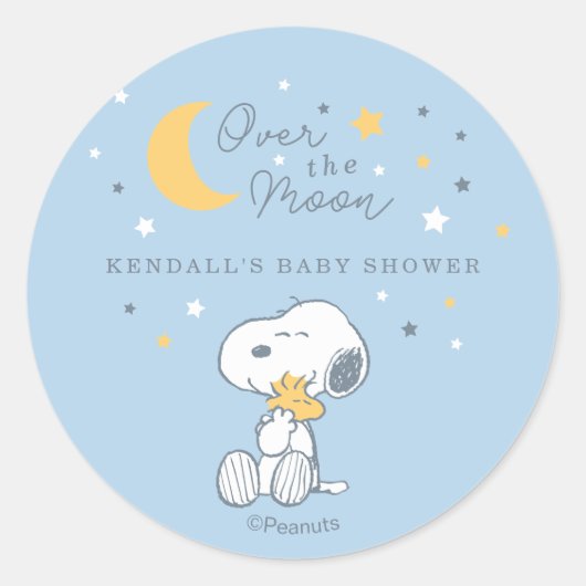 Snoopy & Woodstock | Over the Moon Baby Shower Cla Ronde Sticker (Voorkant)
