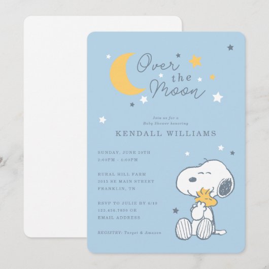 Snoopy & Woodstock | Over the Moon Baby shower Kaart (Voorkant / Achterkant)