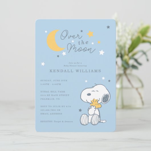 Snoopy & Woodstock | Over the Moon Baby shower Kaart (Staand voorkant)
