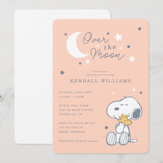 Snoopy & Woodstock | Over the Moon Baby shower Kaart (Voorkant / Achterkant)