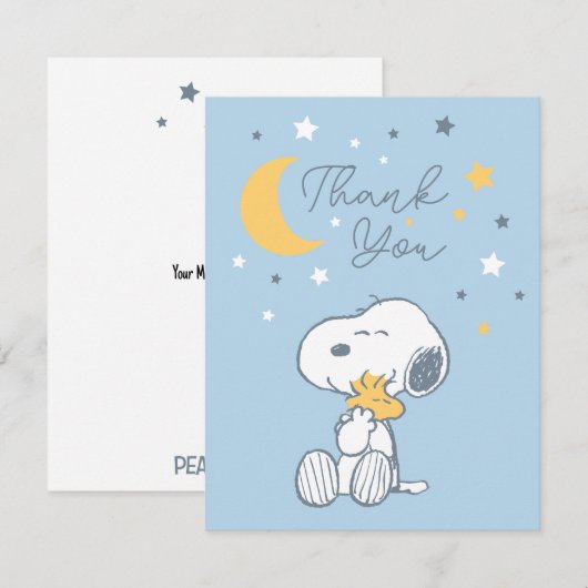 Snoopy & Woodstock | Over the Moon Baby Shower Tha Bedankkaart (Voorkant / Achterkant)