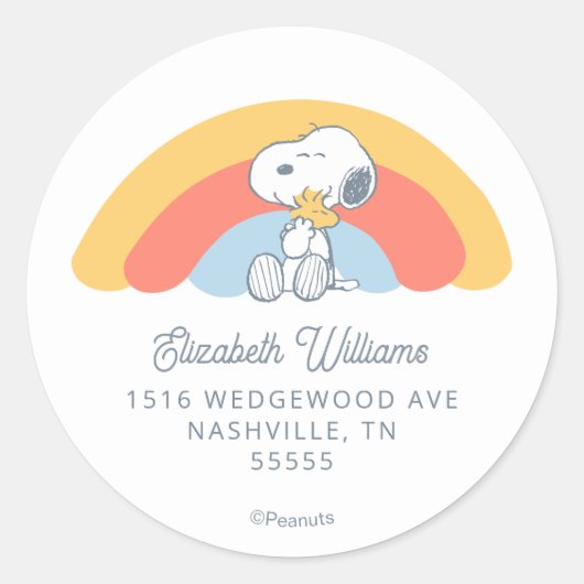 Snoopy & Woodstock Rainbow Baby Shower Classic Rou Ronde Sticker (Voorkant)