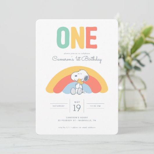 Snoopy & Woodstock Rainbow Birthday Uitnodiging (Staand voorkant)