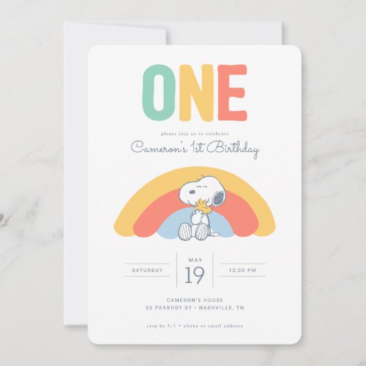 Snoopy & Woodstock Rainbow Birthday Uitnodiging (Voorkant)