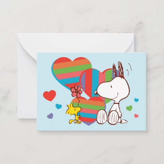 Snoopy & Woodstock Rainbow Heart Valentine Notitiekaartje (Voorkant)