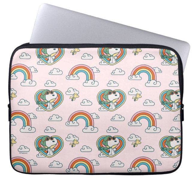 Snoopy & Woodstock Regenboog Hart Patroon Laptop Sleeve (Voorkant)