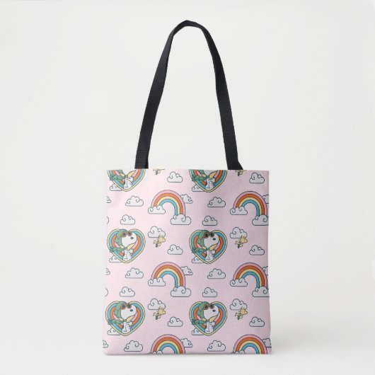 Snoopy & Woodstock Regenboog Hart Patroon Tote Bag (Voorkant)