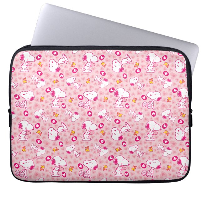 Snoopy & Woodstock Roze Hearts Patroon Laptop Sleeve (Voorkant)