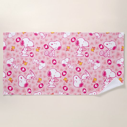 Snoopy & Woodstock Roze Hearts Patroon Strandlaken (Voorkant)