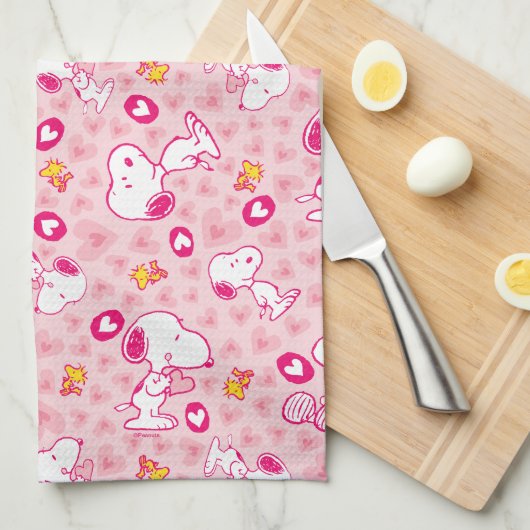 Snoopy & Woodstock Roze Hearts Patroon Theedoek (Quarter Fold)