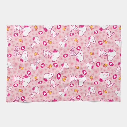 Snoopy & Woodstock Roze Hearts Patroon Theedoek (Horizontaal)