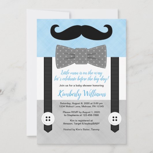 Snor baby shower uitnodiging blauw klein man (Voorkant)