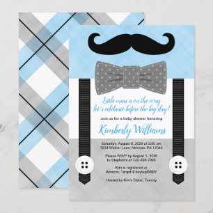 Snor baby shower uitnodiging blauw klein man