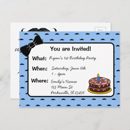 Snor en boog stropdas 1e verjaardag uitnodiging (Voorkant / Achterkant)