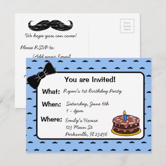 Snor en boog stropdas 1e verjaardag uitnodiging briefkaart (Voorkant / Achterkant)