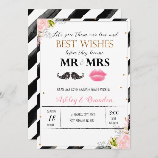 Snor en lippen koppels douche uitnodiging (Voorkant / Achterkant)