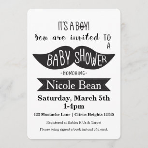Snorhaar baby shower zwart & wit uitnodigingen