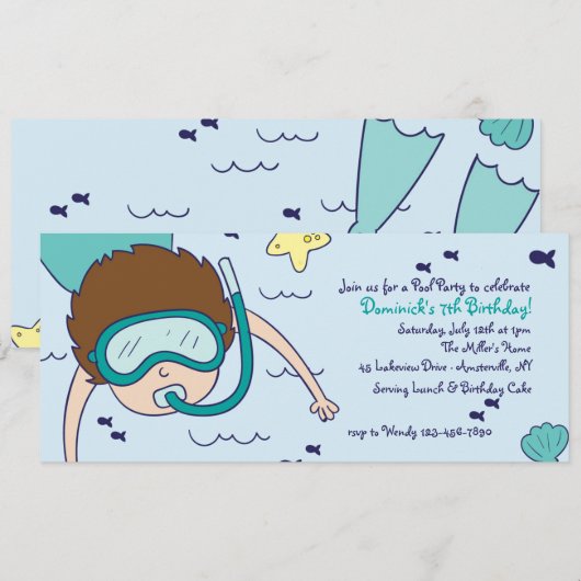 Snorkel Kind Pool Party Invitation Kaart (Voorkant / Achterkant)