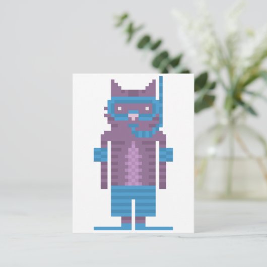 Snorkel Swimmer Cat Pixel Art Briefkaarten (Staand voorkant)