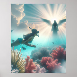 Snorkelaar vindt een engel in rif poster