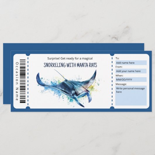 Snorkelen met Manta Ray Ticket Cadeaubon Kaart (Voorkant / Achterkant)