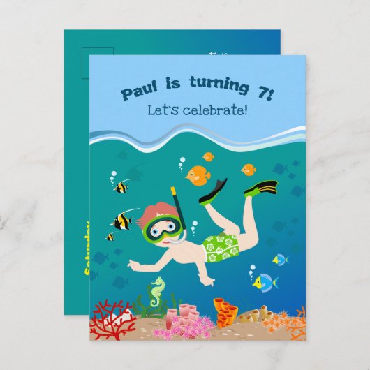Snorkelen met tropische vis jongen verjaardagsfees uitnodiging briefkaart (Voorkant / Achterkant)