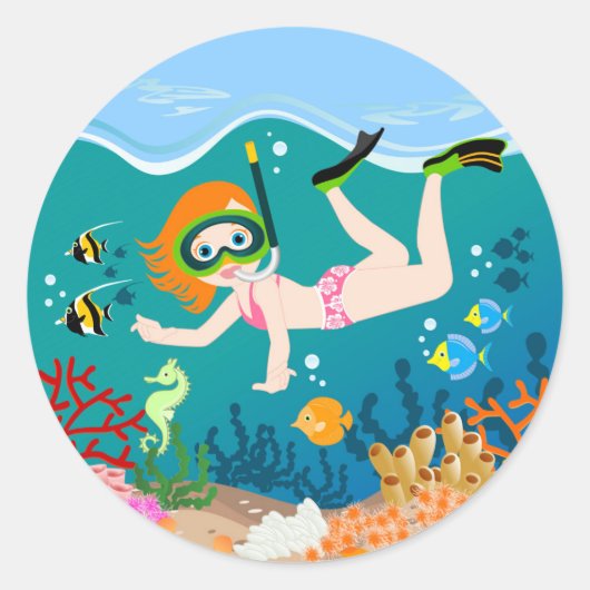 Snorkelend meisje onder het zee ronde sticker (Voorkant)