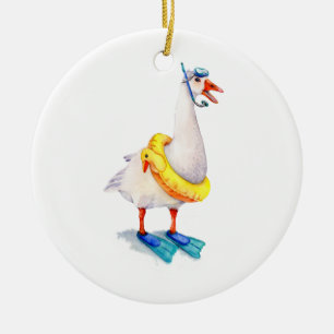 Snorkelende witte gans keramisch ornament