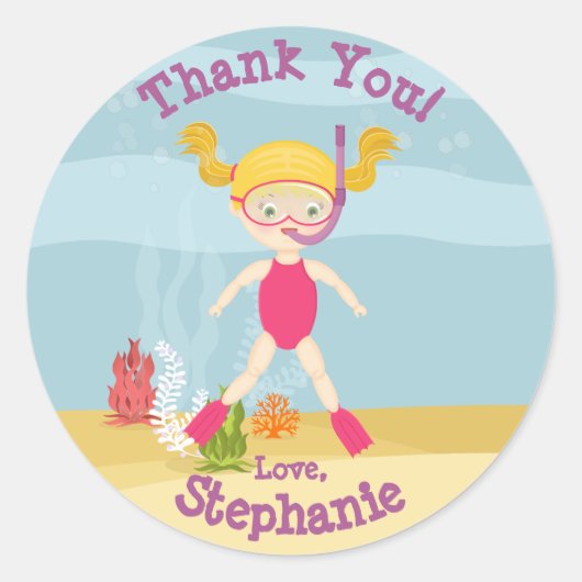 Snorkeling Girl Beach Party Ronde Sticker (Voorkant)