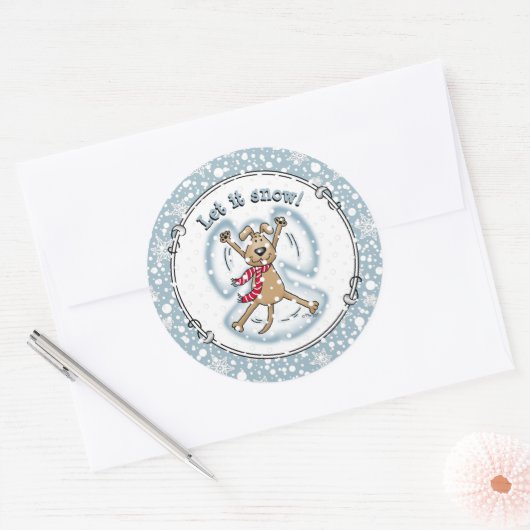 Snow Angel Dog Fun Cute Kerstfeestdag Funny Ronde Sticker (Envelop)