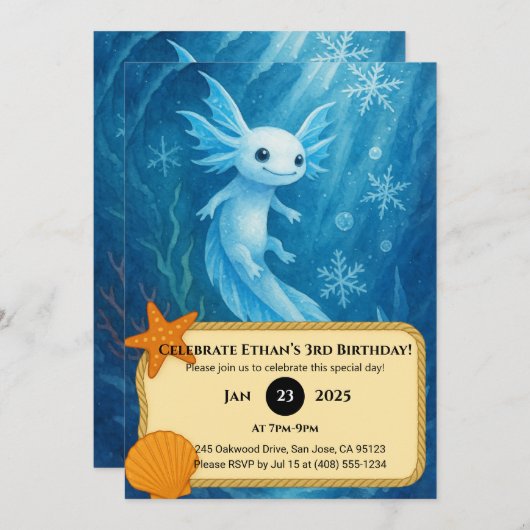 Snow Axolotl in Ice Kingdom Birthday Kaart (Voorkant / Achterkant)