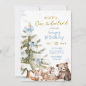 Snow Blue Winter Onederland First Birthday Kaart (Voorkant)