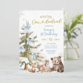 Snow Blue Winter Onederland First Birthday Kaart (Staand voorkant)