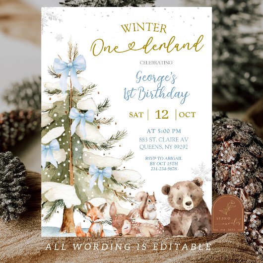 Snow Blue Winter Onederland First Birthday Kaart
