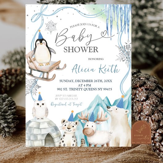 Snow Boy Winter Arctic Animals Baby Shower Kaart