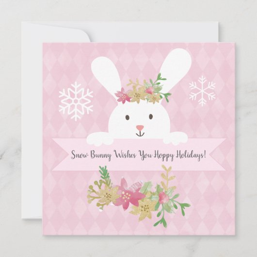 Snow Bunny Pink Gold Poinsettia Hoppy Feestdagenkaart (Voorkant)