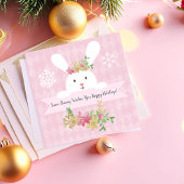 Snow Bunny Pink Gold Poinsettia Hoppy Feestdagenkaart