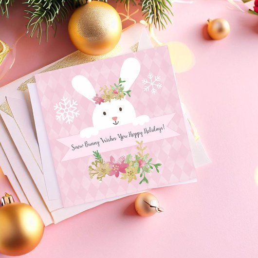 Snow Bunny Pink Gold Poinsettia Hoppy Feestdagenkaart