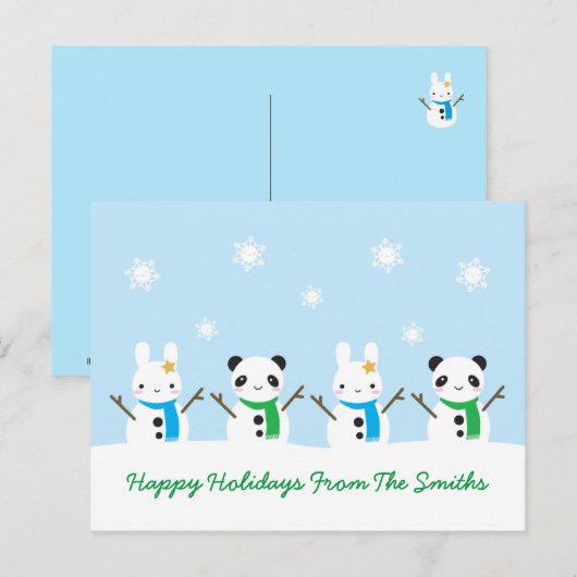 Snow Bunny & Snow Panda-Kerstmis Briefkaart (Voorkant / Achterkant)