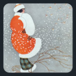 Snow Buntings - Will Hammell  Vierkante Sticker<br><div class="desc">Art Deco vintage illustration of a woman wearing a red fur lined winter coat and hat,  standing in the blowing snow with a cluster of snow buntings flying in front of her. Magazine cover illustration by Will Hammell (1914).</div>